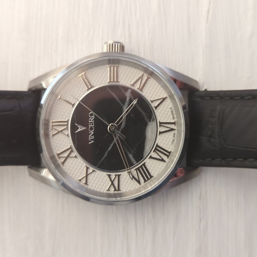 Vincero Black Leather Italian Marble Watch 43mm